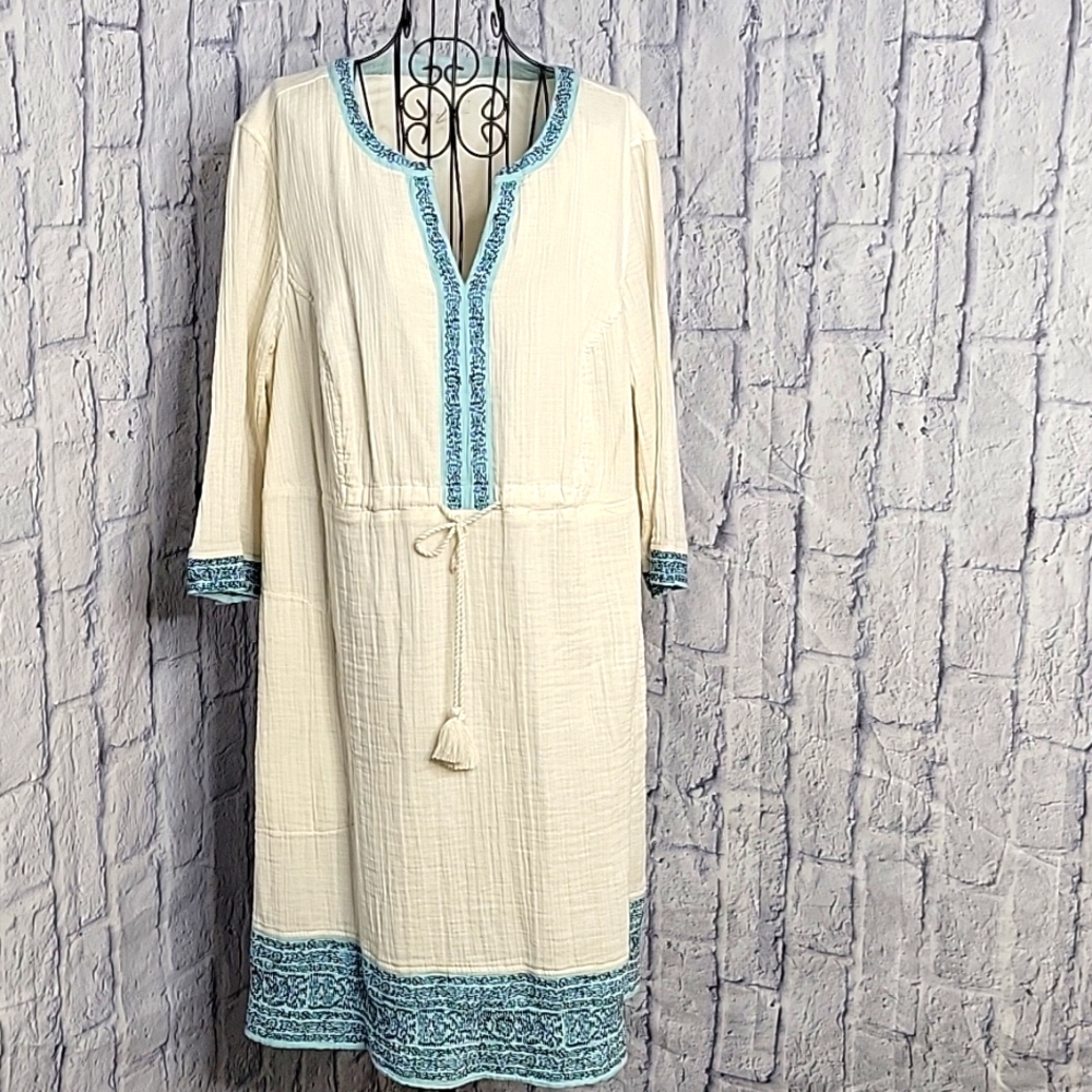 J. JILL Positano Tie Waist With Blue Embroidery Gauzy Cotton Dress XL